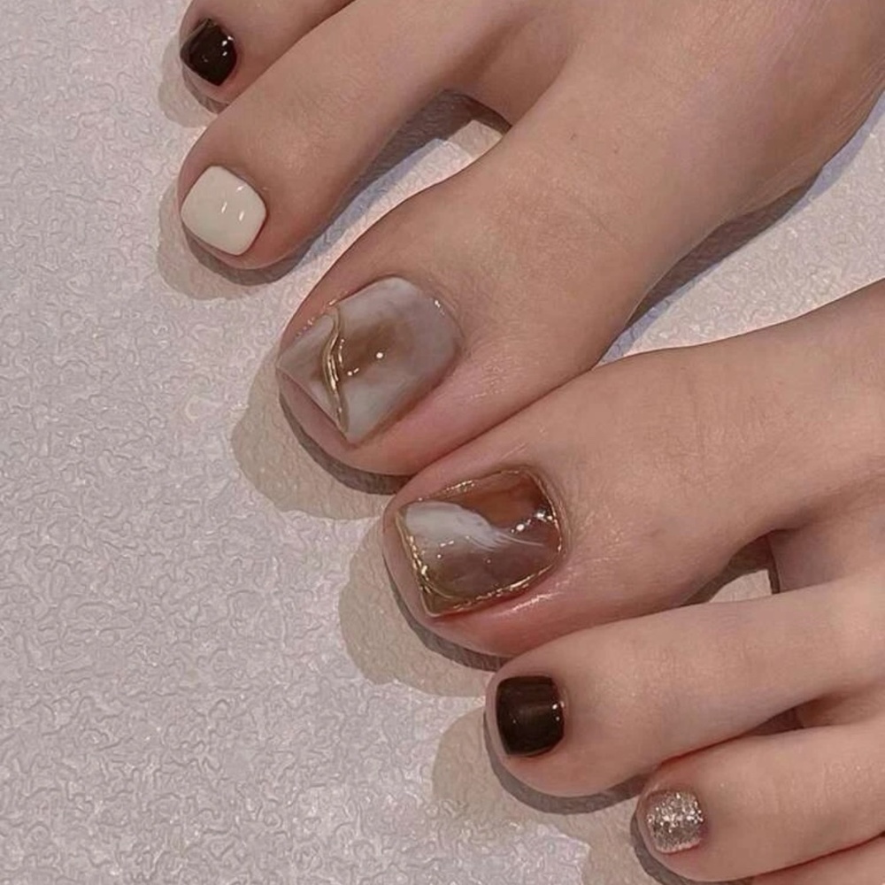 24pcs Short Square Marble Smudge Glitter Press-on Toenails